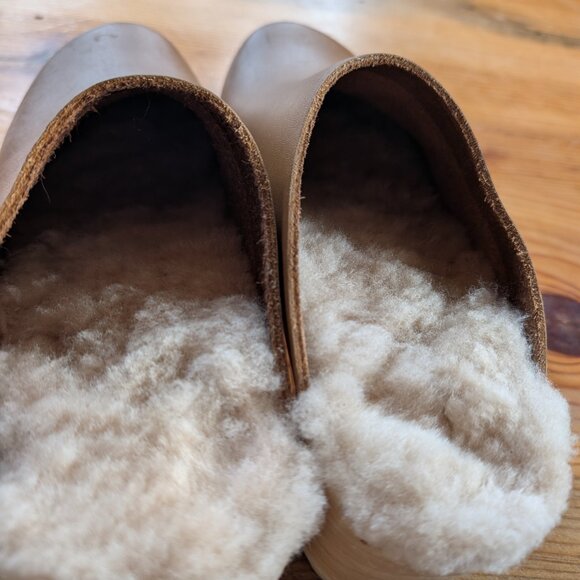Butterscotch No 6 Leather Wood Block Mid Heel Shearling Lined Slip On Liza Clogs - Picture 5 of 14